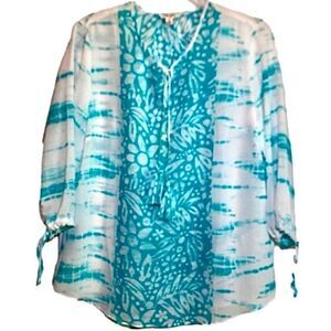 Tribal Sheer Floral Tunic in Teal Green/White Women’s Small